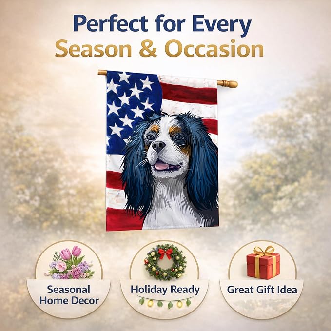 Caroline's Treasures CK6591CHF King Charles Spaniel American Flag House Flag Large Porch Sleeve Pole Decorative Outside Yard Banner Artwork Wall Hanging, Polyester, House Size, Multicolor