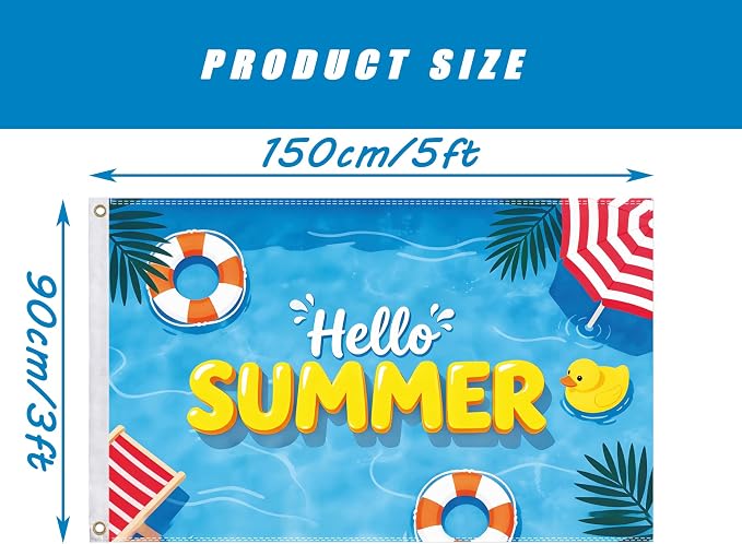 Hello Summer Flag 3x5 Ft Double Sided, Season Yard Banner with 2 Brass Grommets, Funny Pool Print, Durable Outdoor Decor for Patio Yard Lawn, Pool Party Supplies