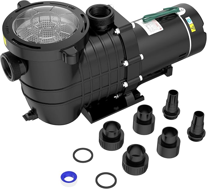 Seeutek 1.5HP Pool Pump for Above/In Ground Pools, 115V/230V 6600GPH | High Flow Energy Efficient Pure Copper Motor, 1.5", 2", and 1.25"-1.5" Connectors, Strainer Basket & Drain Plug, Self Priming