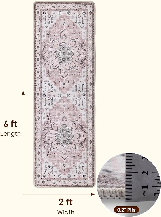 LBRO2M Machine Washable Rug Soft Pet Friendly Carpet 2X6 Pink | Persian Runner Rug 2X6 for HallWay, Bedroom, Kitchen, Laundry Room, Non Slip Carpet, Foldable Stain Resistant Rugs