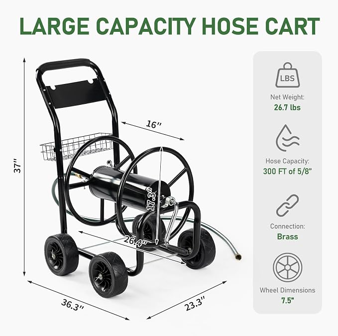 VINGLI 300FT 5/8in Garden Hose Reel Cart, 4-Wheel Portable Residential Hose Reel Cart, Hose Guide System with Storage Basket, Rust Resistant, for Family Yard, Garden and Farm (Black)