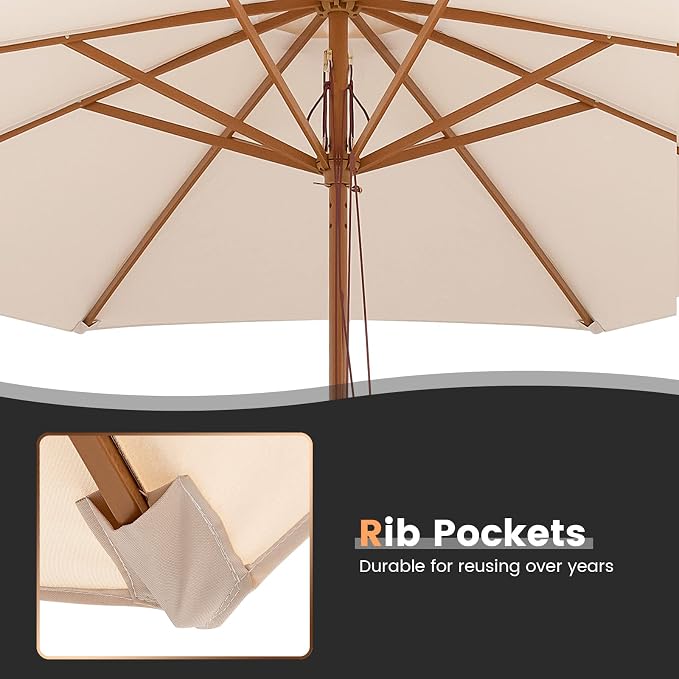 Tangkula Patio Umbrella Height Adjustable Wood Pole Outdoor Sun Shade Beige