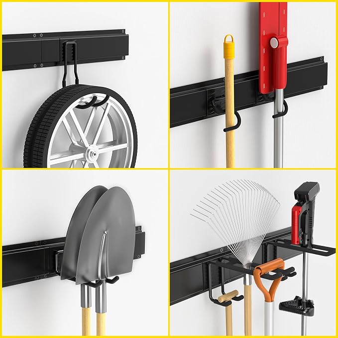 64" Wall Mount Tool Storage Rack, 15 PCS Heavy Duty Steel Yard Garden Tool Organizer, Garage Tool Organizer Wall Mounted Storage System Hold Up to 550lbs, with 2 Extension Cord