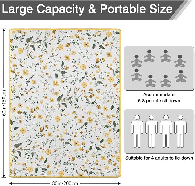 Flower Picnic Blankets Waterproof Foldable, 60’‘x80'' Portable Dual Layers Outdoor Travel Camping Picnic Backpacking Hiking Beach Blanket Mat for Grass Padded Lawn Park Beach ,Picnic Accessories