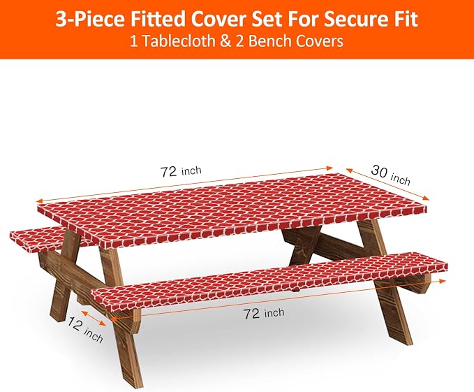 6ft Picnic Table and Bench Cover, Camping Essentials RV Gear, 72 in Waterproof Windproof Outdoor Elastic All Around Tablecloth, Fitted Rectangle Tables and Seats, Red-White Moroccan