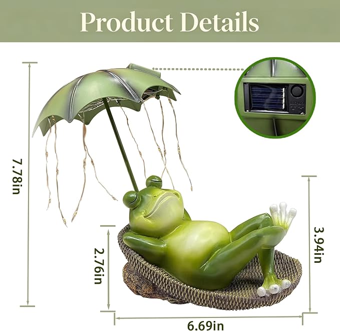 6.7" Solar Frog Garden Statue with Light Up Umbrella - IP65 Waterproof Resin Sculpture, Outdoor Figurine for Patio Yard Pond, Unique Gardening Gifts for Women/Mom
