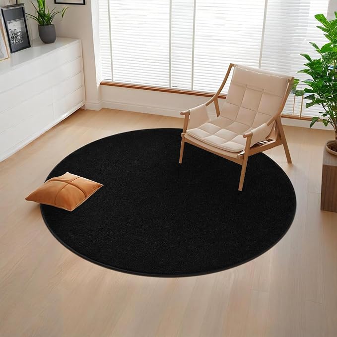 4' Black Round Area Rug Modern Solid | Washable Memory Foam, Low Pile Non Slip Indoor Carpet for Living Room Bedroom Office Classroom College Dorm Room Home Decor