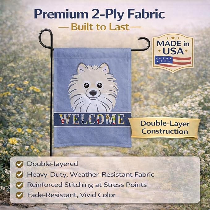 Caroline's Treasures BB1393GF Pomeranian Welcome Garden Flag, Blue Mailbox Flag Decorative Yard Flag Banner Outside Patio Artwork Yard Flower Beds, Garden Size, Multicolor