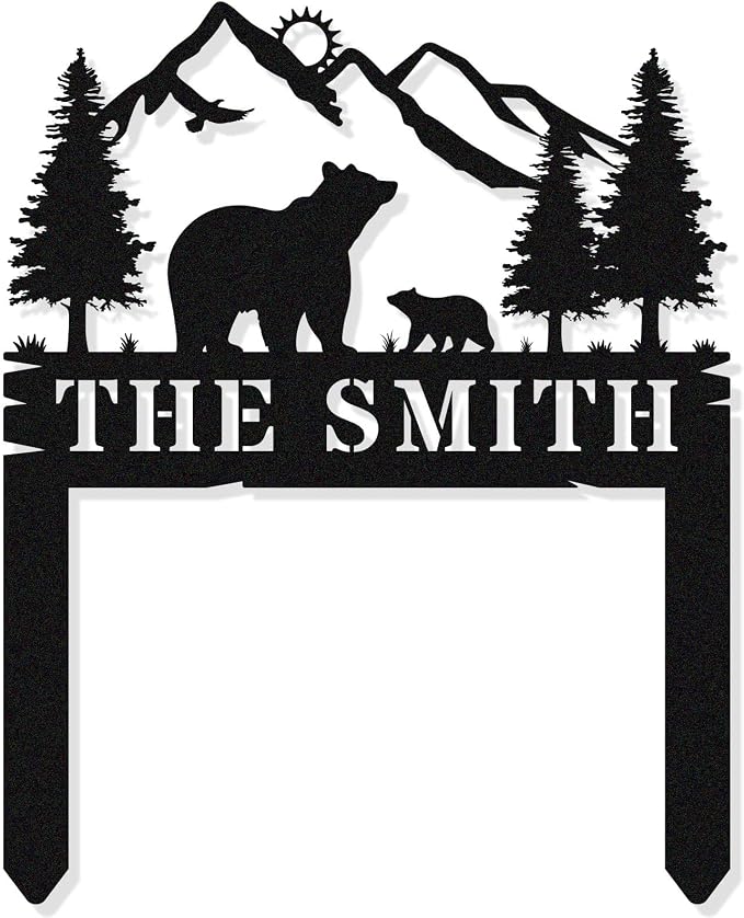 Personalized Bear Mountain Metal Adress Sign With Stakes，Custom Yard Signs for Houses with Stakes,Address Signs for Yard, Home Address Signs for House,House Numbers for Outside，Garden Gift