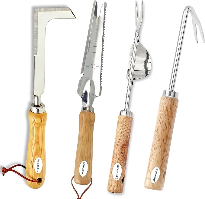 4PCS Garden Weeding Tool Set, Hand Weeder Tools with Wooden Handles, Double Claw Root Hook, V-Shape Weed Puller, Crack Weeder & Stainless Steel Garden Trowel for Digging, Planting & Weed Removal