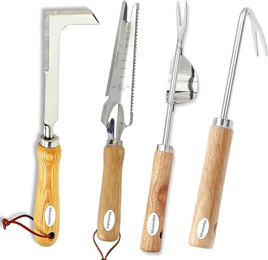 4PCS Garden Weeding Tool Set, Hand Weeder Tools with Wooden Handles, Double Claw Root Hook, V-Shape Weed Puller, Crack Weeder & Stainless Steel Garden Trowel for Digging, Planting & Weed Removal