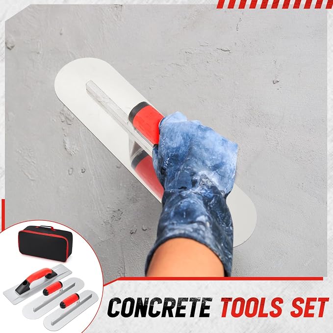 MorningRo 4 Pcs Concrete Hand Tools Set Includes Cement Magnesium Hand Float 16'' x 3-1/8'' Stainless Steel Pool Trowel 16'' x 4'' & 14'' x 4'' Flat Concrete Finishing Trowel and Tool Bag