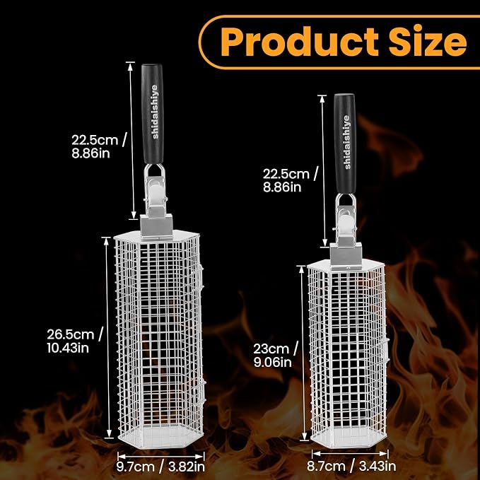 2 Pack Rolling Grill Basket, Hexagonal BBQ Grill Baskets with Removable Wooden Handle, 304 Stainless Steel, Nesting Grilling Net, BBQ Accessories Tools for Vegetables, Meat & Seafood, Gift for Dad or Husband