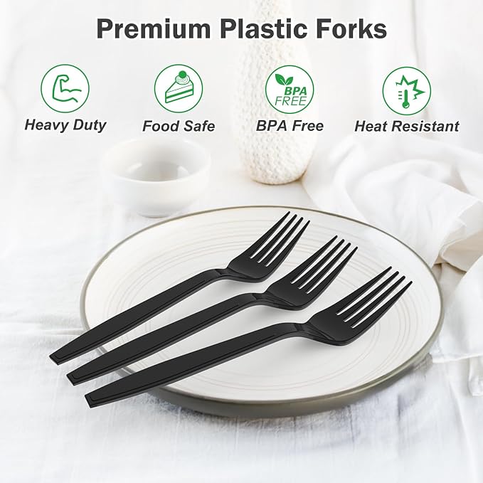 Dealusy 360 Count Extra Heavy Duty Black Plastic Forks Disposable, BPA-Free, Heat Resistant, Solid and Durable Disposable Forks Bulk, Premium Plastic Forks heavy duty for Party Supply