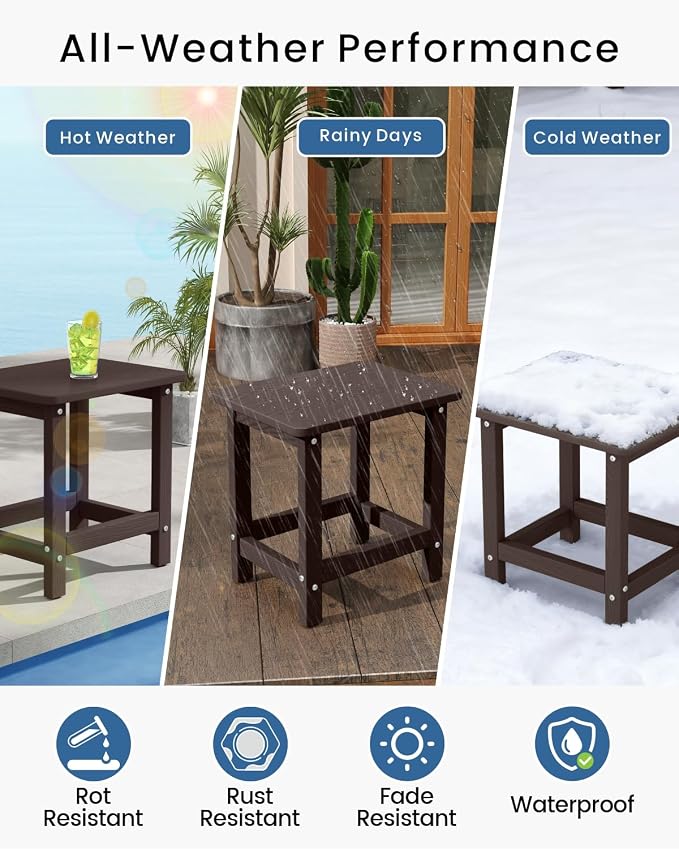 Set of 2 HDPE Outdoor Side Table, Weatherproof Small Outdoor Table for Adirondack, 16.6-Inch Patio Square End Tables for Garden, Backyard, Porch, Deck, Balcony, Poolside (Coffee)