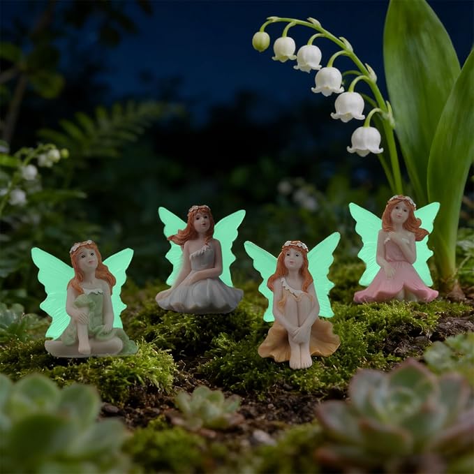 4 PCS Fairy Garden Decor Fairies, Glow in The Dark Yard Sculpture Lawn Ornament Mini Garden Art Outdoor Decor Accessories (4 Glow Fairy)