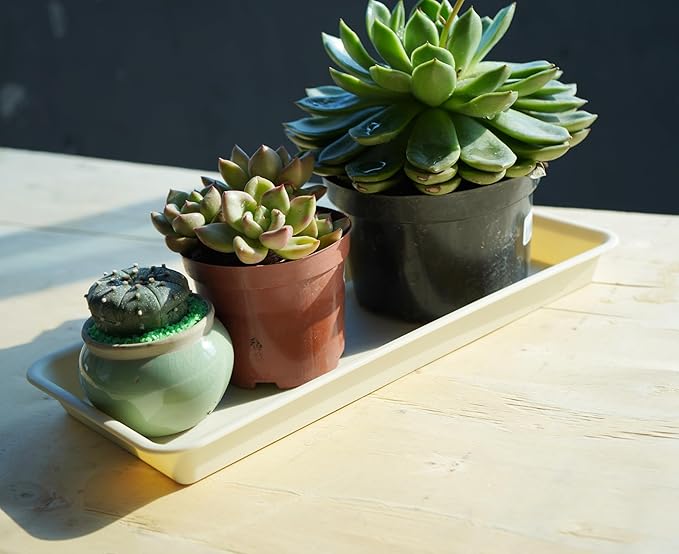 VUWEZ 2 Pack of Plastic Plant Tray Saucer Rectangular, Pot Trays Saucers for Indoors Outdoor, Plant Water Drip Tray for Flower Pot Planter, Windowsill Planter Trays (6.5 X 13 Inch, Beige)