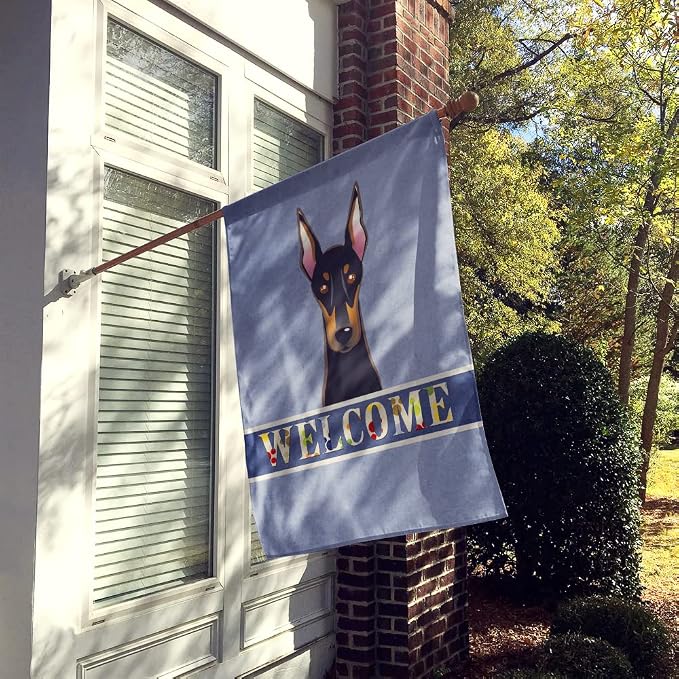 Caroline's Treasures BB1431CHF Doberman Welcome House Flag, Blue Large Porch Sleeve Pole Decorative Outside Yard Banner Artwork Wall Hanging, Polyester, House Size, Multicolor