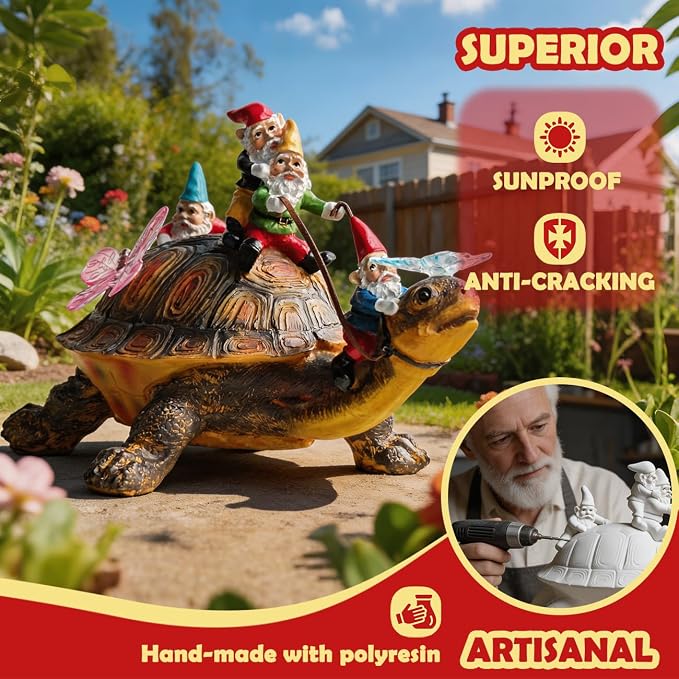 Sunthus Funny Garden Gnome with Solar Light Yard Art Resin Figurine Décor | Turtle Statue For Outdoor Garden Decorations