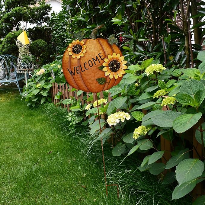 Metal Pumpkin Garden Stakes Welcome Sign Decorative Yard Sign Fall Decor | Autumn Pumpkin Decoration for Harvest Thanksgiving Halloween