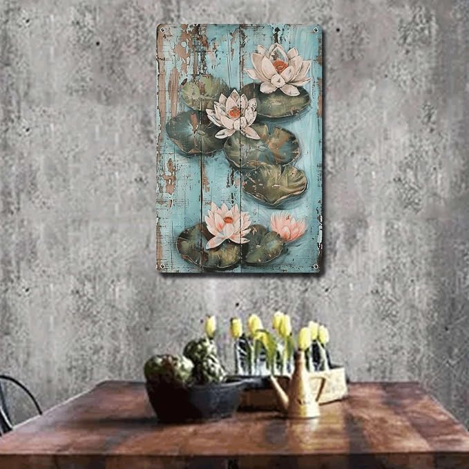 Metal Sign Tin Sign Vintage Wall Art Rustic Serenity Water Lilies Tin Sign for Easy Installation Weather Resistant Design and Vintage Funny Sign for Club 12×16 Inches