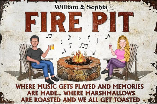 Personalized Classic Metal Sign - Fire Pit Where Music Gets Played Couple Husband Wife Custom for Home Gate Garden Bars Backyard Sign Gift vintage metal signs Wall Decoration (Fire Pit Man - Woman)