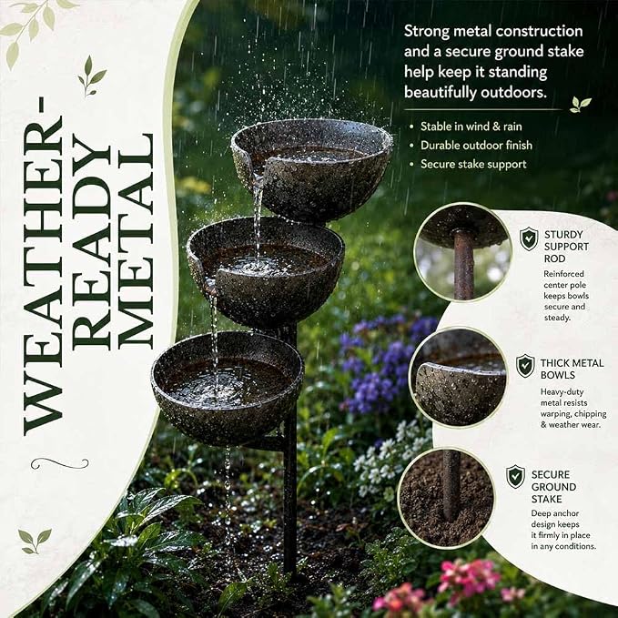 Rain Catcher Bird Bath Tiered - Bring Life Back to Your Garden (Retro) | Self Filling Bird Bath Stake for Hummingbird Butterfly & Bee, Lawn Yard Outdoor Decor, Metal Water Bowl, Watering Station