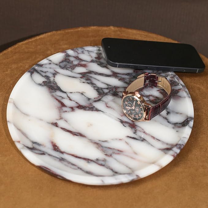 DUANYAN Natural Marble Tray, Coffee Table, Food, Fruit, Paper Cup, Cake Display, Coffee bar, Family Gatherings, Seasonal Holiday Decoration Tray(Viola-circular-9.8"x9.8"x0.7")