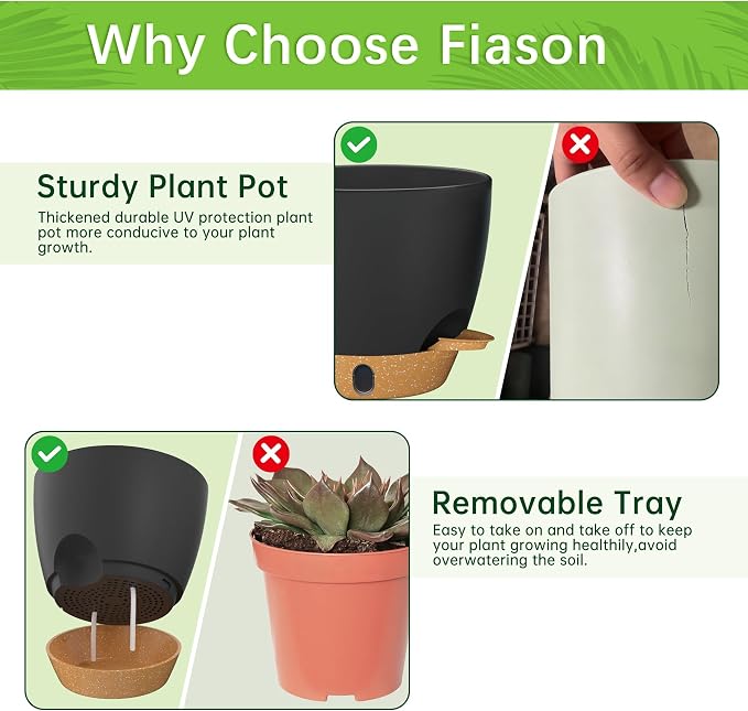 8/7/6.5/6/5.5/5 Inch Self Watering Pots for Indoor Outdoor Plants, Set of 6 Large Plastic Planters with Visual Water Window, Drainage Holes & Watering Lip, Modern Decorative Flower Pots (Black)