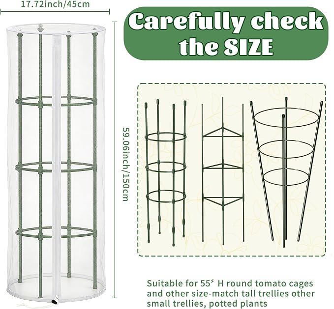 3PCS Garden Bird Netting for Tomato Cage with Zipper & Drawstring | 59"x 18" Round Tomato Trellis Garden Netting Insect Bird Barrier Protection Mesh Cage Cover for Tomato Planter Gardening Pots