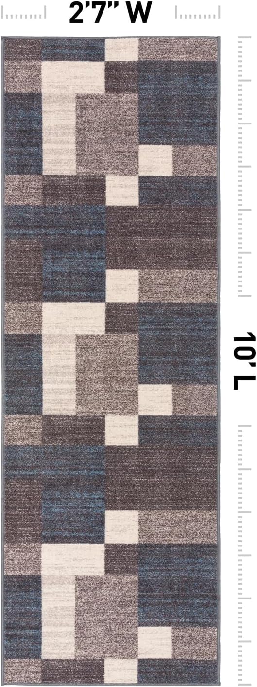 Rugshop Modern Boxes Non-Slip Geometric Runner Rug Blue 2'7" x 10' | Rectangular, Size 2'7" x 10', Living Room, Bedroom, Dining Room, Home Office, Kitchen, Entryway, Hallway, Nursery, Kids Room