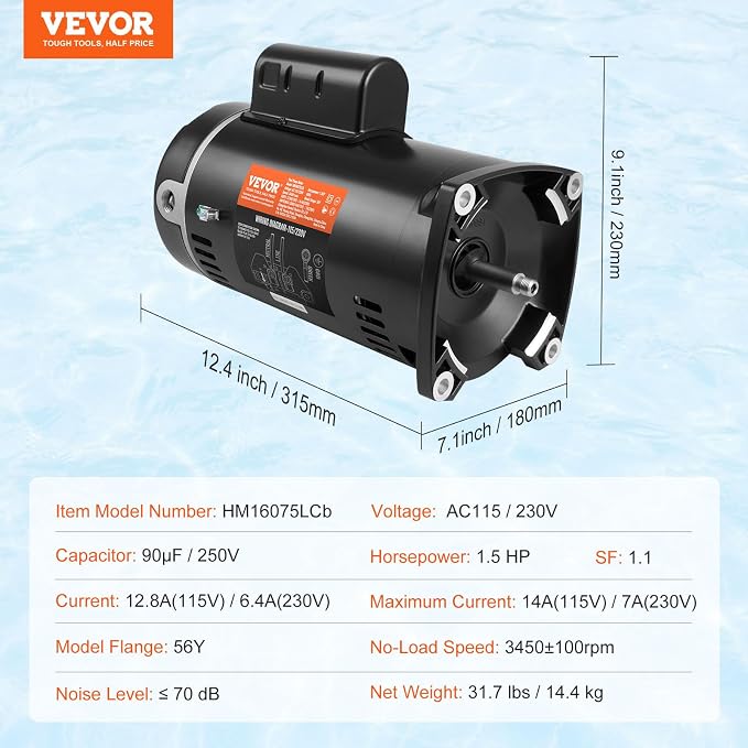 VEVOR 1.5 HP Pool Pump Motor, 56Y Frame, 115V((12.8 Amps))/230V(6.4 Amps) 3450 RPM, 60Hz, 1.1 Service Factor, 90μF/250V Capacitor, CCW Rotation Square Flange Replacement Motor