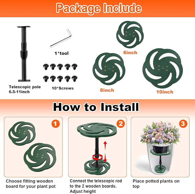 Axcoix Adjustable Height Plant Risers for Inside Pots, 7.5-12" Plastic Planter Inserts for Large Pots, Pot Fillers for Tall Square Round Taper Planters (6" 8" 10" Base or Top)