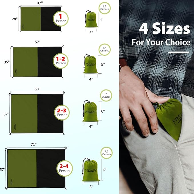 Frelaxy Pocket Picnic Blanket, Waterproof Sandproof Beach Mat, Compact Camping Tarp for Festivals, Hiking, Travel, Outdoor Recreation (Army Green, 35'' x 57'')