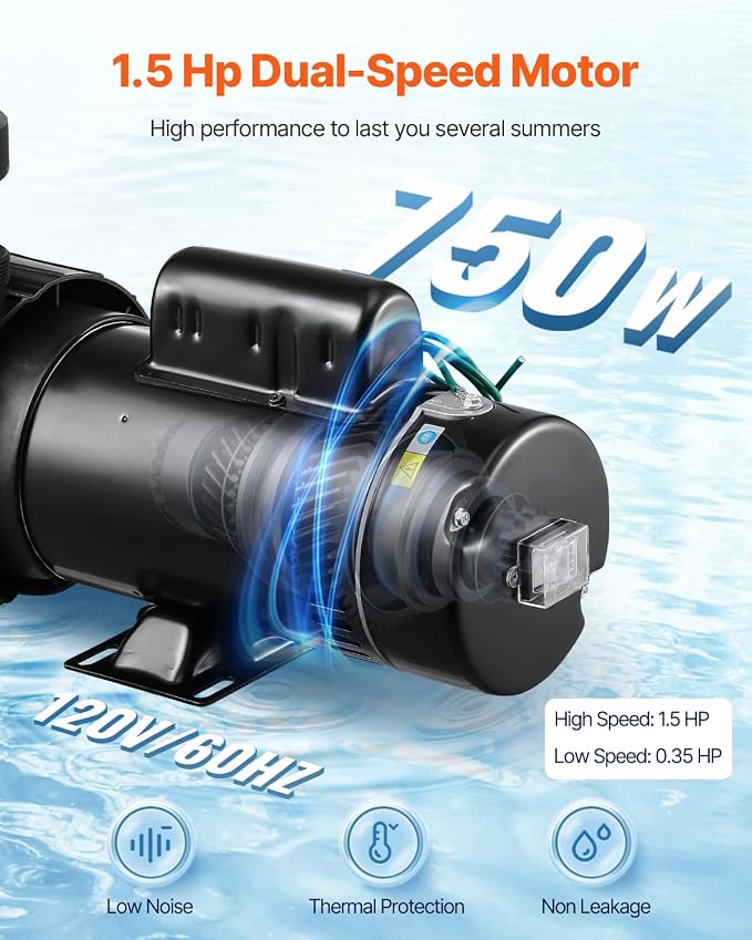 VEVOR Above Ground Pool Pump, 1.5HP/0.35HP, Dual Speed Swimming Pool Pump, High 110 GPM 54 ft Lift, Low 52 GPM 14 ft Lift, 110V 3450 RPM with Strainer Basket, 122°F Max Water Temp, for Hot Tubs Spas