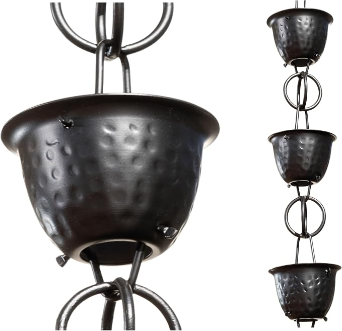 Monarch Rain Chains Aluminum Hammered Cup Black Rain Chains for Gutters – 3 ft Extension Black Decorative Rainchain Outdoor Durable Heavy Duty Gutter Chain Downspout, Modern Rainchains for Outside