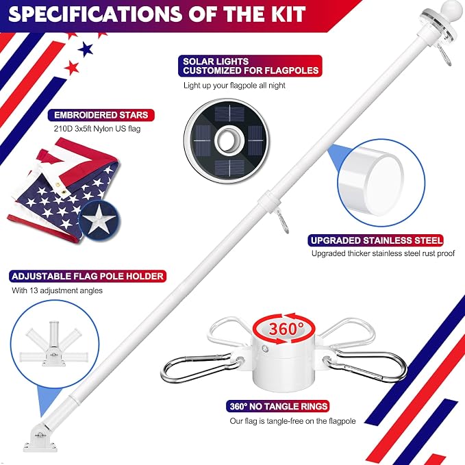 ZMTECH 6FT Flag Pole Kit with Solar Light and Proud American Flag, Adjustable Bracket and Upgraded Tangle-Free Ring 1" Stainless Steel Flagpole for Day and Night, Residential, Commercial, White
