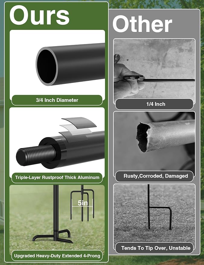 Garden Flag Holder Stand with Shepherds Hooks, 51 Inch Extra Thick Weather-Proof Powder-Coated Yard Flag Holder with 4 Prong Base, Heavy Duty 3/4 inch Aluminum Stand, Suitable for 12x18 Flag