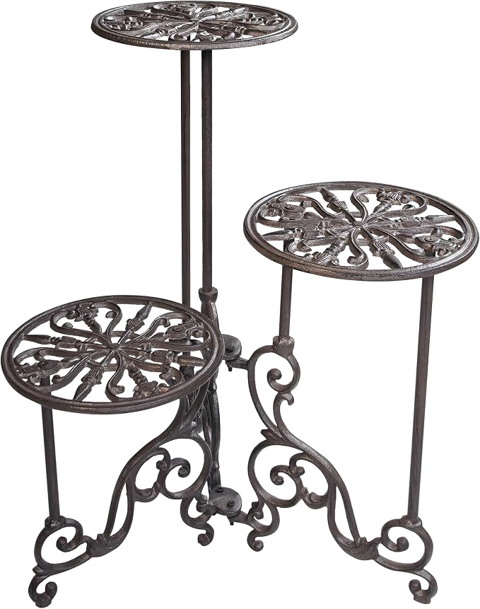 Cast Iron Plant Stand Indoor, 3 Tier Vintage Plant Shelf with Ornate Design, Heavy Duty Corner Plant Stand for House Decor, Ornament Display Stand for Plants