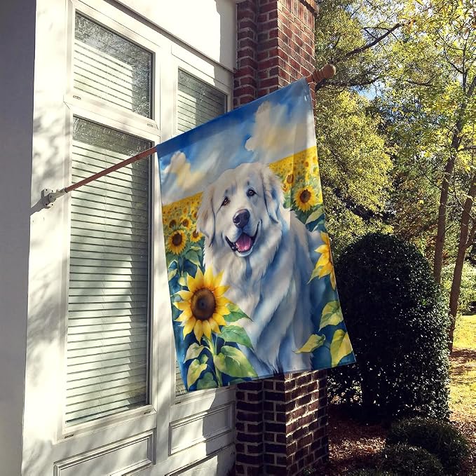 Caroline's Treasures DAC6093CHF Great Pyrenees in Sunflowers House Flag Large Porch Sleeve Pole Decorative Outside Yard Banner Artwork Wall Hanging, Polyester, House Size, Multicolor