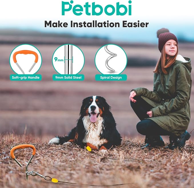 Petbobi Dog Tie-Out Cable and Stake - 50ft Heavy Duty Cable with Spring, No Tangle, 16in Ground Stake, Ideal for Outdoor Yard, Camping, Suitable for Small Medium Large Dogs Up to 120 lbs, Black