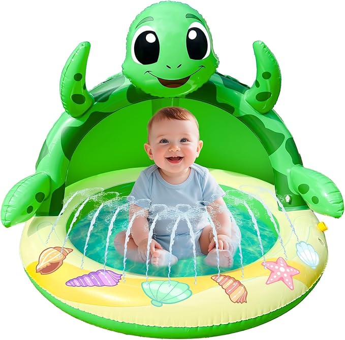 Baby Pool with Canopy,Toddler Sprinkler Water Play Mat for Age 6-36 Months | Turtle Inflatable Kiddie Pool Baby Pool Float Sprinkler for Kids Outdoor Water Toys,Summer Play Center Backyard Water Games