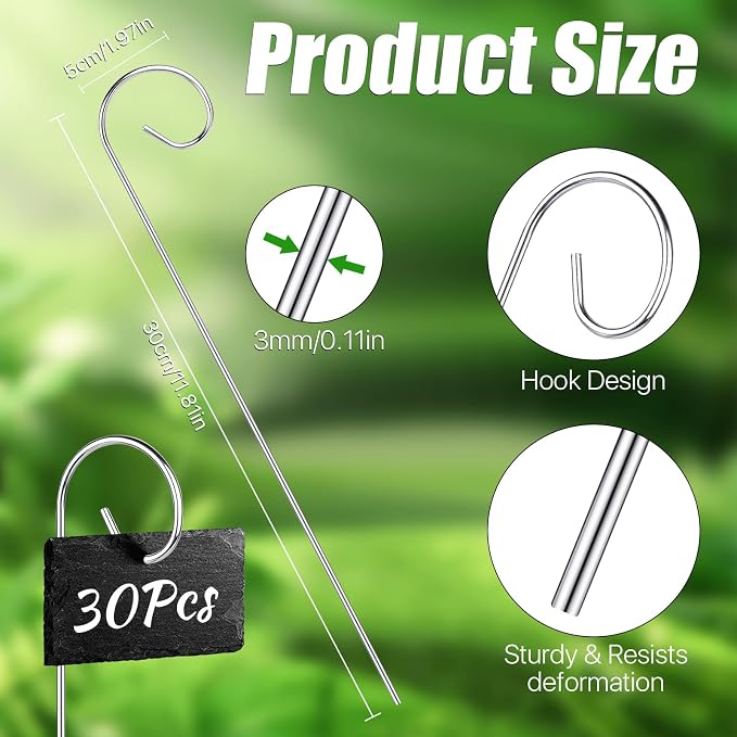 30 Pcs 30 cm/11.81 in Silver Plant Stake, Rustproof Curled Tip Plant Label Hooks for Pots, Bend-Resistant Garden Label Hooks for Outdoor Flowers, Vegetables, Planters, Containers, Greenhouse