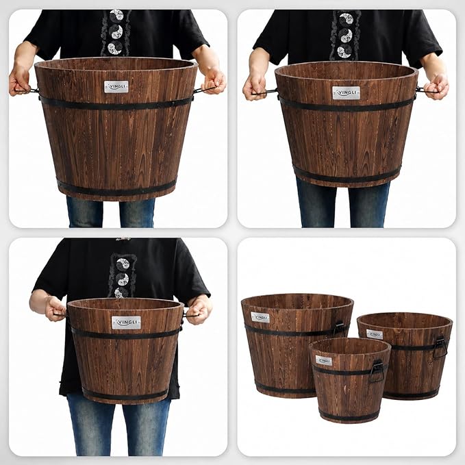 VINGLI 3 PCS Large Wooden Planter Barrel Set, 11.5"(Dia)- 18"(Dia) Real Wood Indoor/Outdoor Flower Pot w/Drainage Holes, Different Sizes, Large Garden Container Box