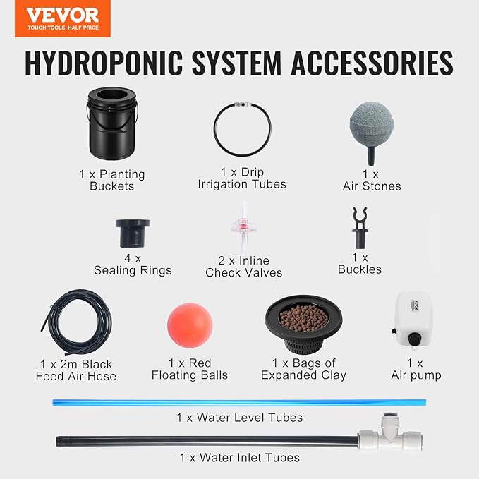 VEVOR DWC Hydroponics Grow System, Hydroponic Growing System with Top Drip Kit, 5-Gallon Deep Water Culture with Air Pump, Air Stone and Water Level Device for Leafy Vegetables(1 Bucket+Top Drip Kit)