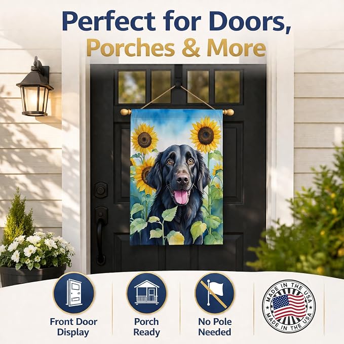 Caroline's Treasures DAC6078CHF Flat-Coated Retriever in Sunflowers House Flag Large Porch Sleeve Pole Decorative Outside Yard Banner Artwork Wall Hanging, Polyester, House Size, Multicolor