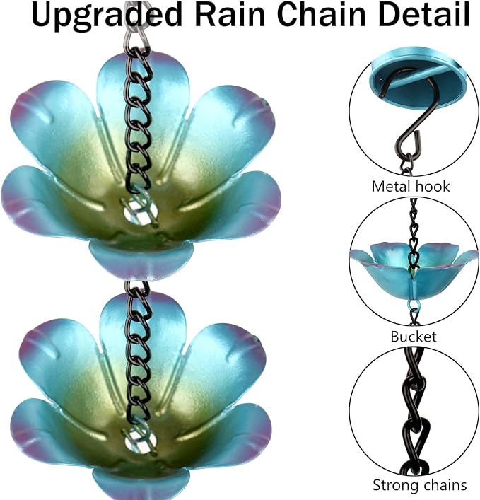 8.2FT Wrought Iron Rain Chain, Blue with Purple Accents, 16 Flower Cups, Gutter Adapter & Decorative Bell, Outdoor Garden Decor
