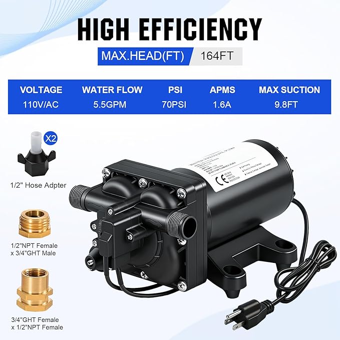 ECO-WORTHY 110V AC Fresh Transfer Diaphragm Water Pump On Demand 5.5GPM 70PSI High Pressure Water Booster Pump 110 Volt with Pressure Switch for Irrigation Garden Hose Sprinkler Home RV