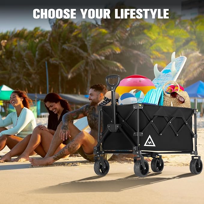 Wagon Cart Shopping Cart Large Capacity Collapsible Wagon with Wheels On Beach Garden Outdoor Utility Carts for Grocery All Terrain Portable Wagons Carts for Groceries Sand Camping Sports Black