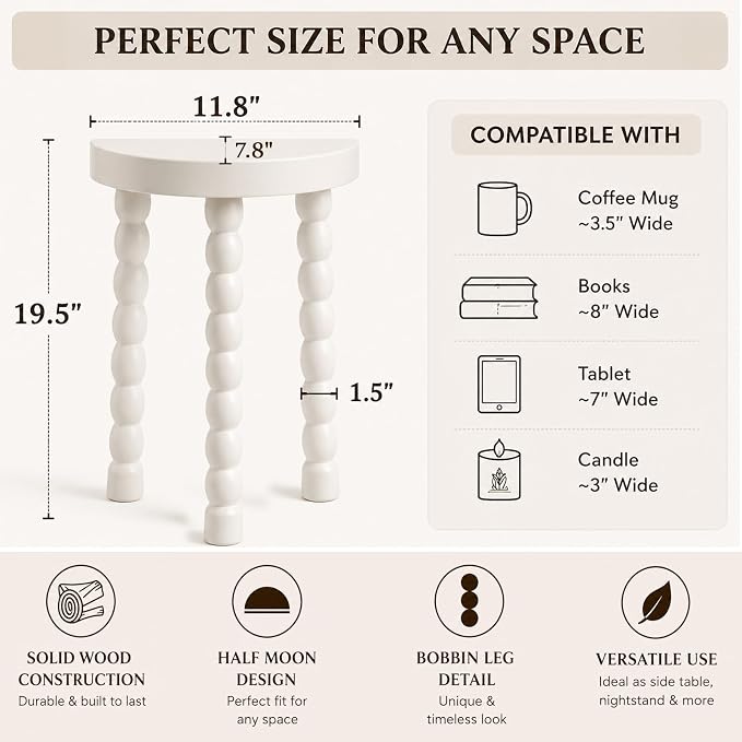 LitaEther Bobbin Side Table, Solid Wood Half Moon End Table, Small Wooden Accent Table with Chunky Turned Legs, Plant Stand for Living Room Bedroom Entryway, Modern Farmhouse Bedside Table, White
